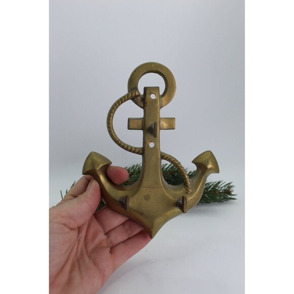 Vintage Brass Anchor Wall Hook Nautical 3 Hook Hanger Solid Brass Rope Detail 6x - Picture 7 of 7